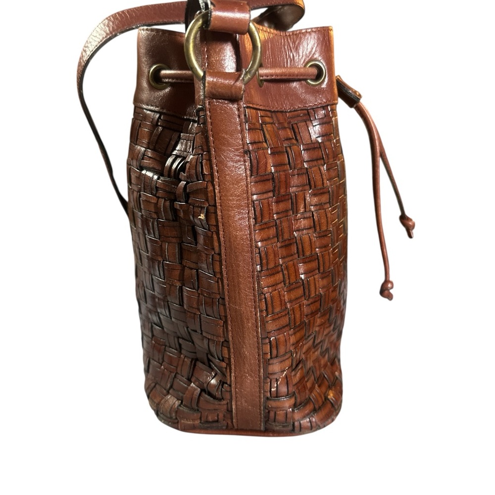 Vintage Dillards Brand Brown Leather Woven Bucket Drawstring Shoulder Bag 90’s - Picture 4 of 8